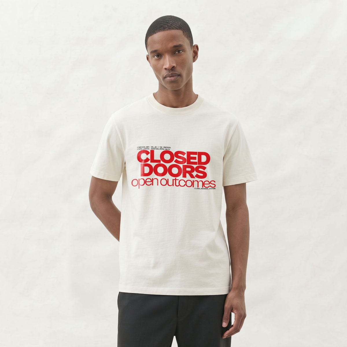 CLOSED DOORS OPEN OUTCOMES | Unisex Regular Fit Minimalist T-Shirt | Vol. 2