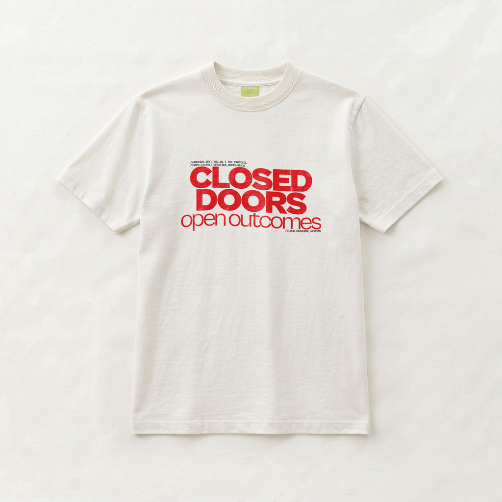 CLOSED DOORS OPEN OUTCOMES | Unisex Regular Fit Minimalist T-Shirt | Vol. 2