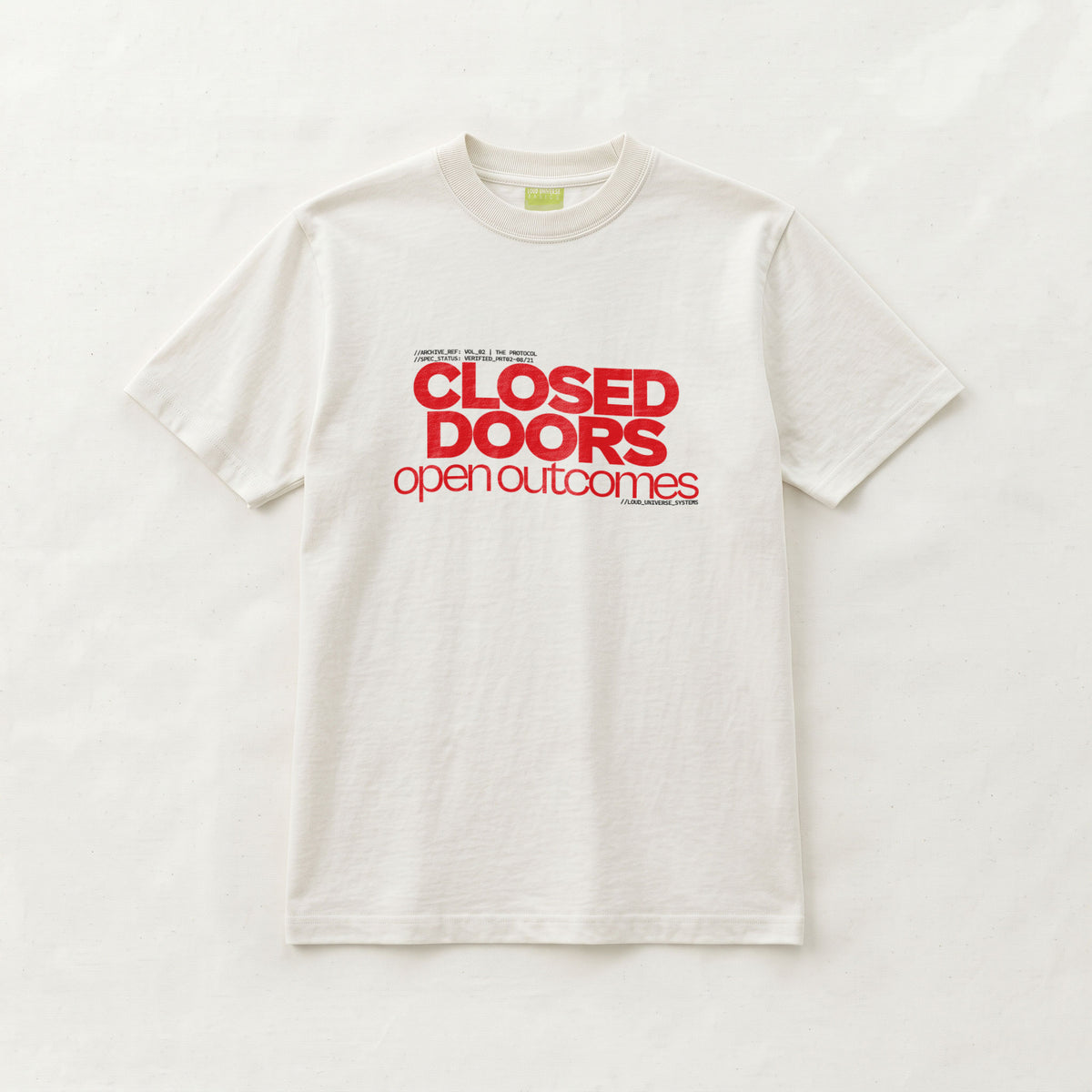 CLOSED DOORS OPEN OUTCOMES | Unisex Regular Fit Minimalist T-Shirt | Vol. 2